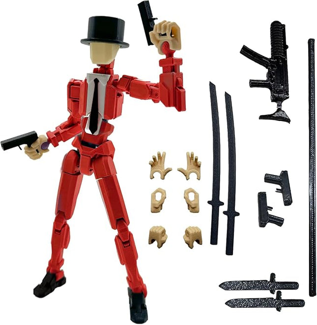 3D Printed 5.54-inch Multi-Jointed Action Figures Dummy13, Full Body Mechanical Movable Toy, Multiple Accessories, Hand Painted Figure, Desk Decoration, Creative Gifts (Y-Red Gentleman)