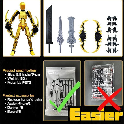 (Assembly Completed) T13 Action Figure, 5.5 Inch 3D Printed Multi-Jointed Movable Dummy 13 Toy,Dummy 13 Robot Action Figure with Lots of Weapons, Gold