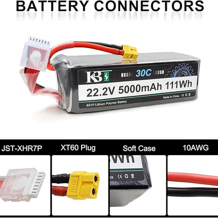 KBT 6S 5000mAh LiPo High Discharge Rate Battery Soft Pack 22.2V 30C Rechargeable Lithium Polymer Battery with XT60 Connector for RC Car Drone Boat Truck Racing Quadcopter Helicopter