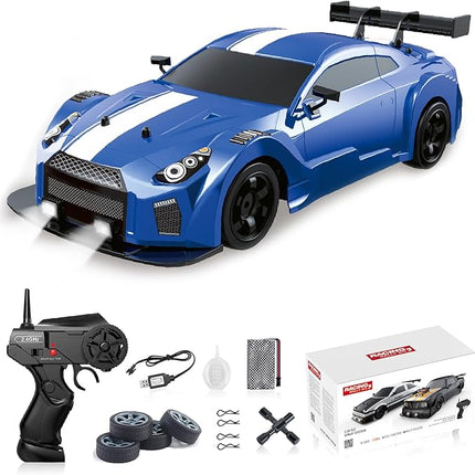 YUZ Remote Control Car RC Drift Car 1/16 Scale 4WD 18KM/H High Speed RC Car 2.4GHz with LED Lights Spray Racing Toy Car for Adults Boys Girls Kids Birthday 2Pcs Rechargeable Batteries, Blue