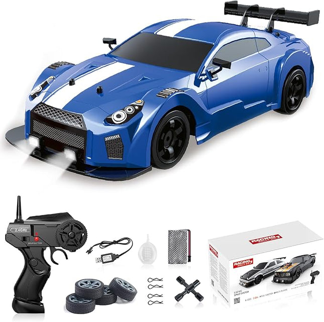 YUZ Remote Control Car RC Drift Car 1/16 Scale 4WD 18KM/H High Speed RC Car 2.4GHz with LED Lights Spray Racing Toy Car for Adults Boys Girls Kids Birthday 2Pcs Rechargeable Batteries, Blue