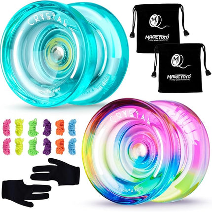 MAGICYOYO Pack of 2 Yoyos - K2 Responsive Yo-yo for Kids Beginners Yo Yo with 2 Yoyo Gloves, 2 Yo yo Bags, 12 Yo-yo Strings (Crystal Green+Blue Pink Yellow)