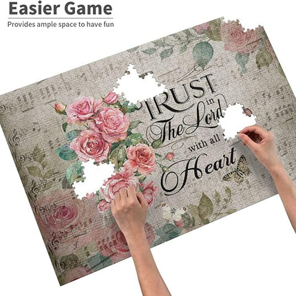 Christian Jigsaw Puzzles 1000 Pieces for Adults, Trust in The Lord Bible Quote with Roses & Sheet Music, Religious Wooden Puzzle for Stress Relief, Faith-Based Gift & Wall Decor