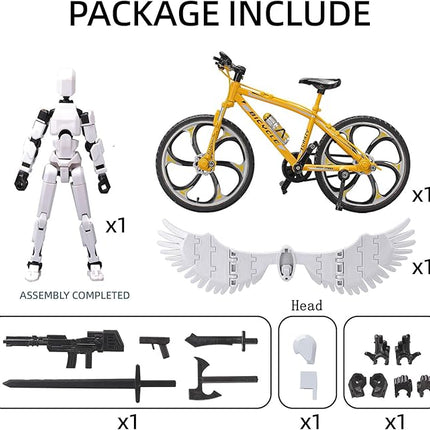 (Assembly Completed) T13 Action Figures, 6.3 Inch Big Dummy 13 Mountain Die-cast Mini Bike Model with Multi-Jointed Movable Lucky 13 Robot Toys Set(Yellow,White)