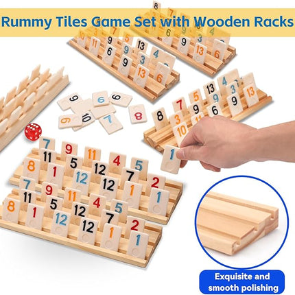 Upgraded Rummy Cube Game Set 6-8 Players with 8 Wooden Holders and 214 Rummy Tiles, Travel Family Board Game for Adults and Kids