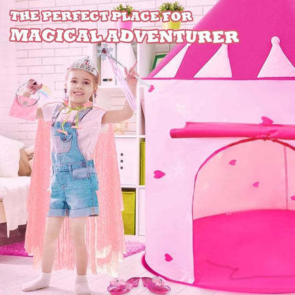 WTOR 15Pcs Princess Castle Play Tent Dress Up with LED Glow in The Dark Stars for Little Girls－Princess Dress Up Cape with Crown,Girl Play Tent/House Toy for Indoor & Outdoor Use (Pink)