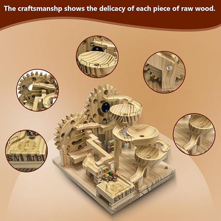 Wooden Marble Run Building Set, Electric Motorized, 41 Blocks, 15 Marbles, 3D Brain Teaser Construction Kit.for Adults and Adolescent to Build (SN-113)