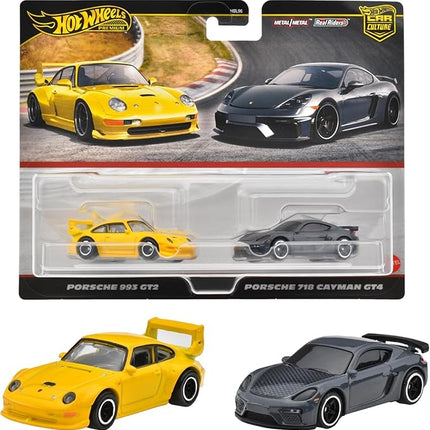 Hot Wheels HRR82 Premium 2 Pack Porsche 993 GT2/ Porsche 718 Cayman GT4 Vehicle Toy Minicar 3 Years Old and Up Multi