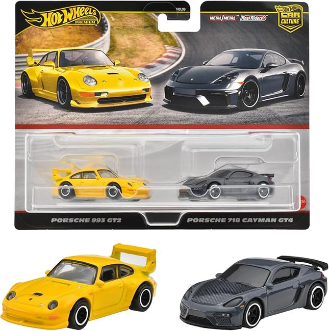 Hot Wheels HRR82 Premium 2 Pack Porsche 993 GT2/ Porsche 718 Cayman GT4 Vehicle Toy Minicar 3 Years Old and Up Multi