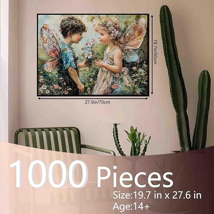 1000 Piece Angel GILR Flowers Jigsaw Puzzle Pixie Boy Wings Jigsaw Puzzles for Adults Elfin Garden Home Decoration Family Puzzle Perfect for Game Nights Ideal Gift Choice 20 x 27 Inch