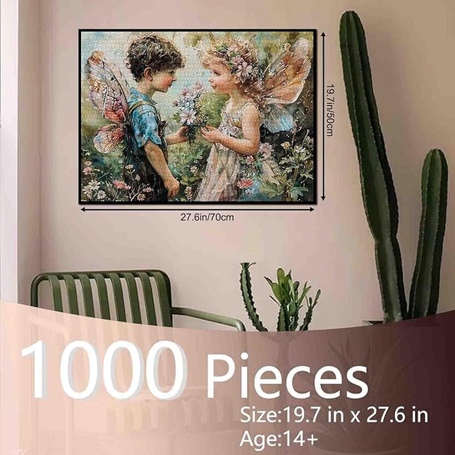 1000 Piece Angel GILR Flowers Jigsaw Puzzle Pixie Boy Wings Jigsaw Puzzles for Adults Elfin Garden Home Decoration Family Puzzle Perfect for Game Nights Ideal Gift Choice 20 x 27 Inch