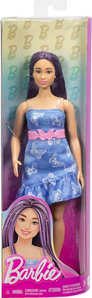 Barbie Fashionistas Doll #231 with Purple Hair, Wearing Strapless Denim Butterfly-Print Dress with Pink Belt and Boots