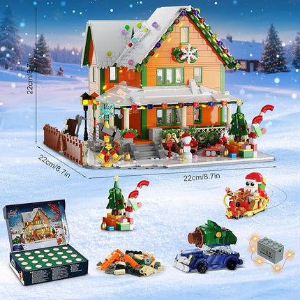 Advent Calendar 2025 Christmas House Mini Building Set with Light, 24 Days Countdown Snow Village Building Block Kit with Santa Claus Sleigh, Holiday Building Toy Gift for Adults Boys Girls 14+