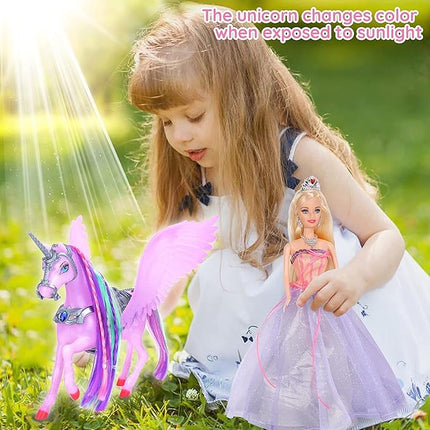 Yellow River Color Changing Unicorn & Princess Doll, Color Change on Whole Unicorn Under Sunshine, 12'' Doll and 11'' Unicorn Toys & Gifts with Removable Saddle & Wings for Girls