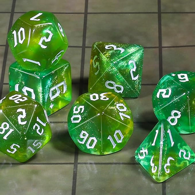 CiaraQ DND Polyhedral Dice Set for Dungeons and Dragons RPG MTG Role Playing Table Games-with 1 Dice Pouch (Green with Yellow + Glitter)