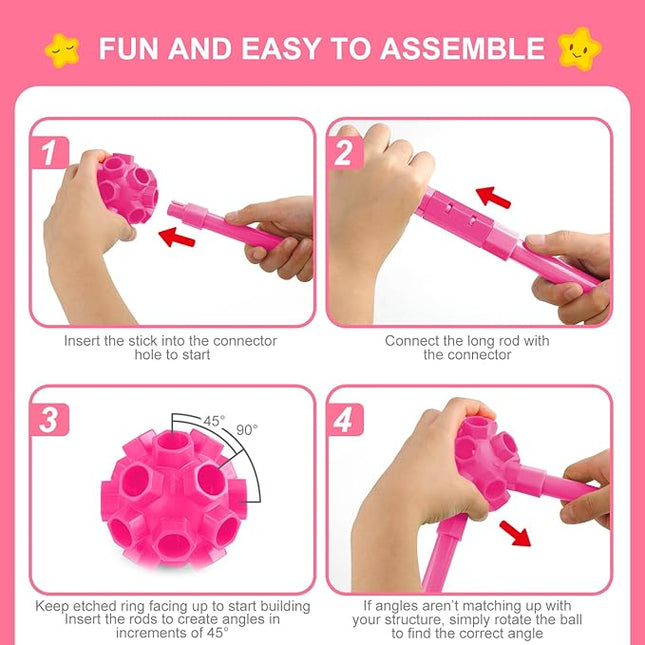 SpringFlower Fort Building Kit for Kids,STEM Construction Toys, Educational Gift for 3 4 5 6 7 8 9 10 11 12 Years Old Boys and Girls,Ultimate Creative Set for Indoor & Outdoors Activity,140 Pcs,Pink