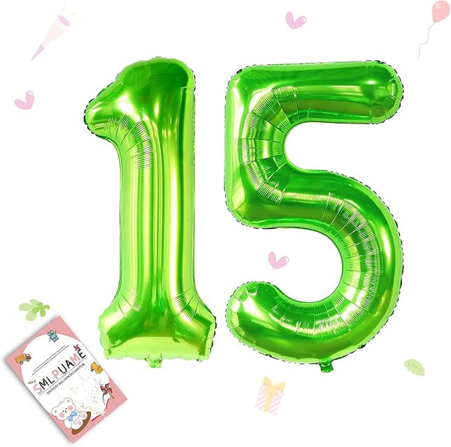 Smlpuame 40 inch Number Balloon 0-9 Green Large Number 15 Balloons,Digital Balloons for Birthday Party Celebration Decorations Supplies, Helium Foil Number Balloons for Wedding Anniversary