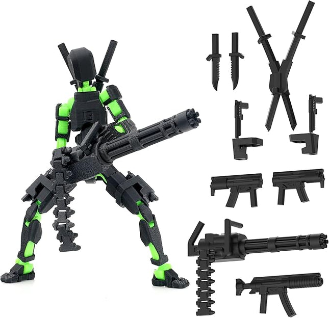 Gatling Gun T13 Titan 13 Action Figure Set【Assembled】, Robot Action Figure 3D Printed robo 13 Action Fidget Toys Dummy Figure Articulated, Lucky 13 for Collectors Desktop Decorations (Black-Green)
