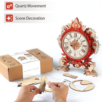 3D Wooden Puzzles for Adults, 3D Puzzles Flame Flower Clock Kit (with Pendulum), Wooden Puzzle for Adults Teens Home Wall Decor Clock Christmas Day Puzzle Gifts for Adults