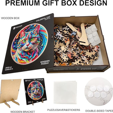 Wooden Puzzle for Adults – Unique Cat-Shaped Jigsaw, Animal Desgin Brain Teaser for Kids & Teens, 200 Pieces, 10"x10", Ships as Whole Puzzle Board (No Loose Pieces), Gift-Ready Box, Fun Family Game,