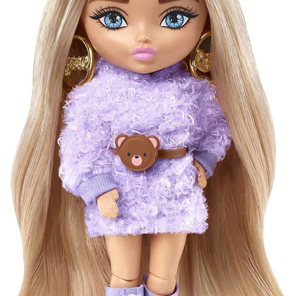 Barbie Extra Minis Doll #4 (5.5 in) Wearing Fluffy Purple Fashion, with Doll Stand & Accessories Including Teddy Ears and Sunglasses, Gift for Kids 3 Years Old & Up