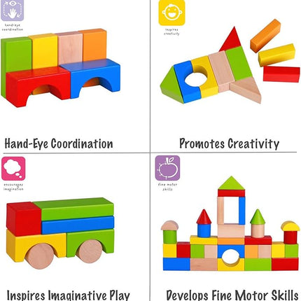 Pidoko Kids Building Blocks for Toddlers 1-3, 100 Pcs Wooden Blocks - Includes Storage Bucket and Shape Sorter Lid - Montessori Wood Block Gifts For Preschool Boys & Girls