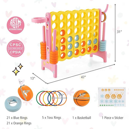 Costzon Giant 4-in-A-Row, Jumbo 4-to-Score Giant Game w/Basketball Hoop, Ring Toss, Quick-Release Slider, 42 Jumbo Rings, Indoor Outdoor Family Connect Game for Kids & Adults, Backyard Games