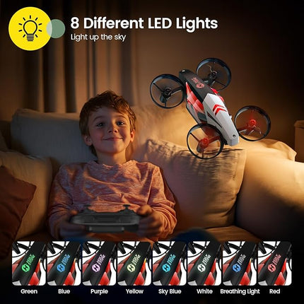 Holy Stone HS210T Drones for kids 8-12, 2 IN 1 kid drone with fly and land modes, Four Posture Deformations indoor mini Quadcopter, 8 LED lights, Auto Hovering