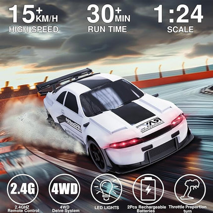 Remote Control Car RC Drift Car 2.4GHz 1:24 4WD 15KM/H High Speed Racing Sport Car with LED Lights Drifting Tire Racing Sport Toy for Adults Boys Girls Kids Gift 2Pcs Rechargeable Batteries