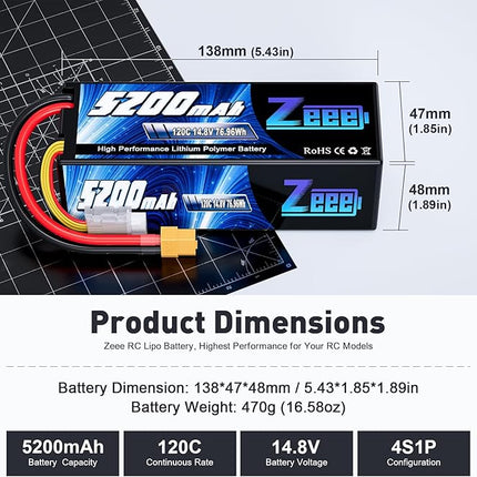 Zeee 4S Lipo Battery 5200mAh 14.8V 120C Hard Case RC Battery with XT60 Plug for RC Car Truck Vehicles RC Buggy Truggy 1/10 Scale Racing Crawler Monster RC Hobby Models(2 Pack)