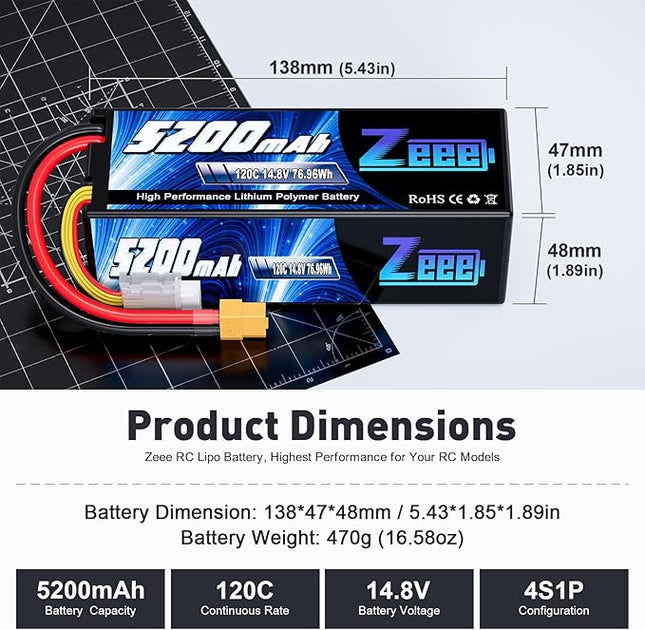 Zeee 4S Lipo Battery 5200mAh 14.8V 120C Hard Case RC Battery with XT60 Plug for RC Car Truck Vehicles RC Buggy Truggy 1/10 Scale Racing Crawler Monster RC Hobby Models(2 Pack)
