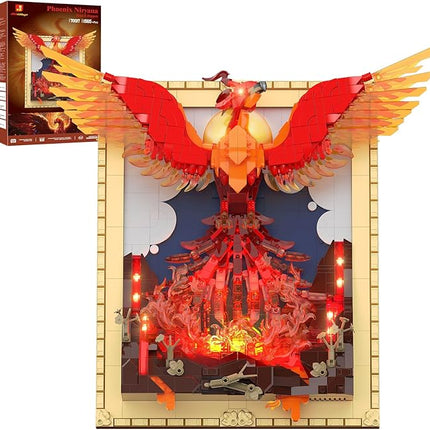 JMBricklayer Phoenix Nirvana Building Block Sets for Adults with LED Lights, Wall Art Crafts Painting Frame Building Set Magic Fire Phoenix Collection Model Bird Toy Gift Room Home Office Decor