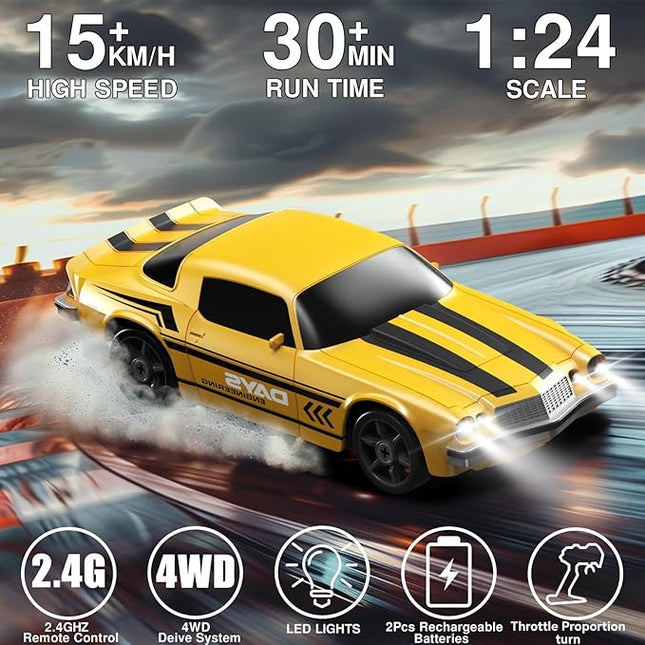 Remote Control Car RC Drift Car 2.4GHz 1:24 4WD 15KM/H High Speed Racing Sport Car with LED Lights Drifting Tire Racing Sport Toy for Adults Boys Girls Kids Gift 2Pcs Rechargeable Batteries