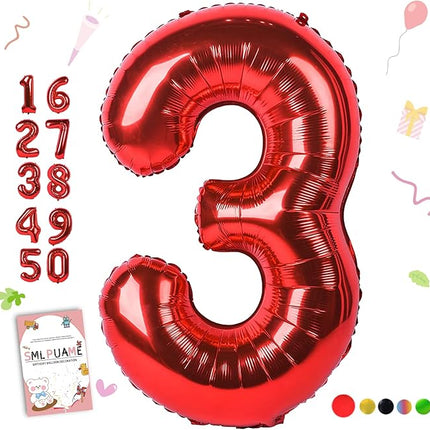 Smlpuame 40 inch Number Balloon 0-9 Red Large Number 3 Balloons,Digital Balloons for Birthday Party Celebration Decorations Supplies, Helium Foil Number Balloons for Wedding Anniversary