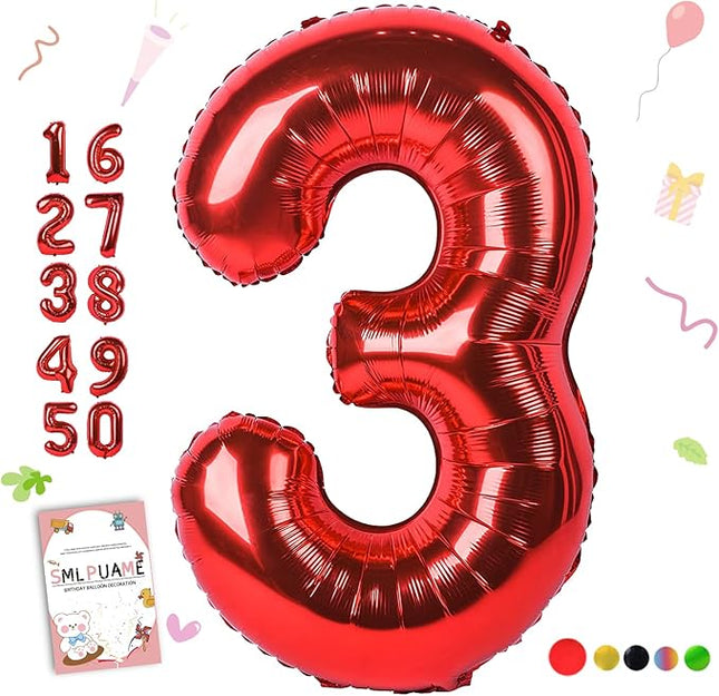 Smlpuame 40 inch Number Balloon 0-9 Red Large Number 3 Balloons,Digital Balloons for Birthday Party Celebration Decorations Supplies, Helium Foil Number Balloons for Wedding Anniversary
