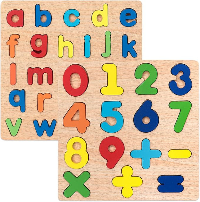 Wooden Puzzles for Toddlers, 2 Pack Alphabet Shape Wooden Puzzles for Kids Montessori Toddler Wooden Alphabet Number Shape Learning Puzzle for Kids 3 Years Over Boys & Girls