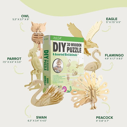 Hands Craft DIY 3D Wooden Puzzle – 6 Assorted Bird Animals Bundle Pack Set Brain Teaser Puzzles Educational STEM Toy Adults and Kids to Build Safe and Non-Toxic Easy Punch Out Premium Wood JP2B4