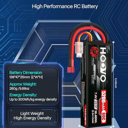 HOOVO 2S 7.4V 5200mAh 80C RC LiPo Battery Hard Case with T Connector for RC Buggy Vehicles Car Boat Truck (2 Pack)