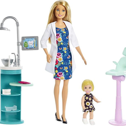 Barbie Careers Playset, Dentist Set with Brunette Fashion Doll, 1 Blonde Toddler Small Doll, Furniture & Accessories