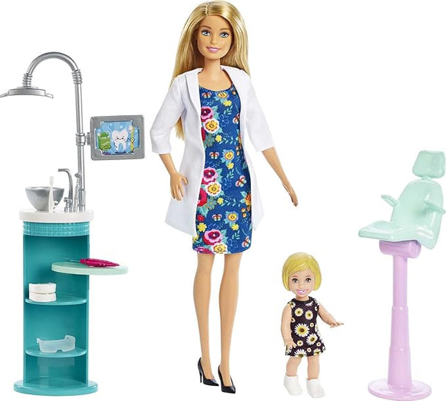 Barbie Careers Playset, Dentist Set with Brunette Fashion Doll, 1 Blonde Toddler Small Doll, Furniture & Accessories