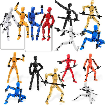 4Pack Assembled Titan T-13 Action Figures Set - Lucky Dummy Nova 13 Action Figure Robot Anime Stick Figures Fidget Toys for Boys Multi Movable Joints Gifts Toys for Kids (Golden+Black+White+Red)