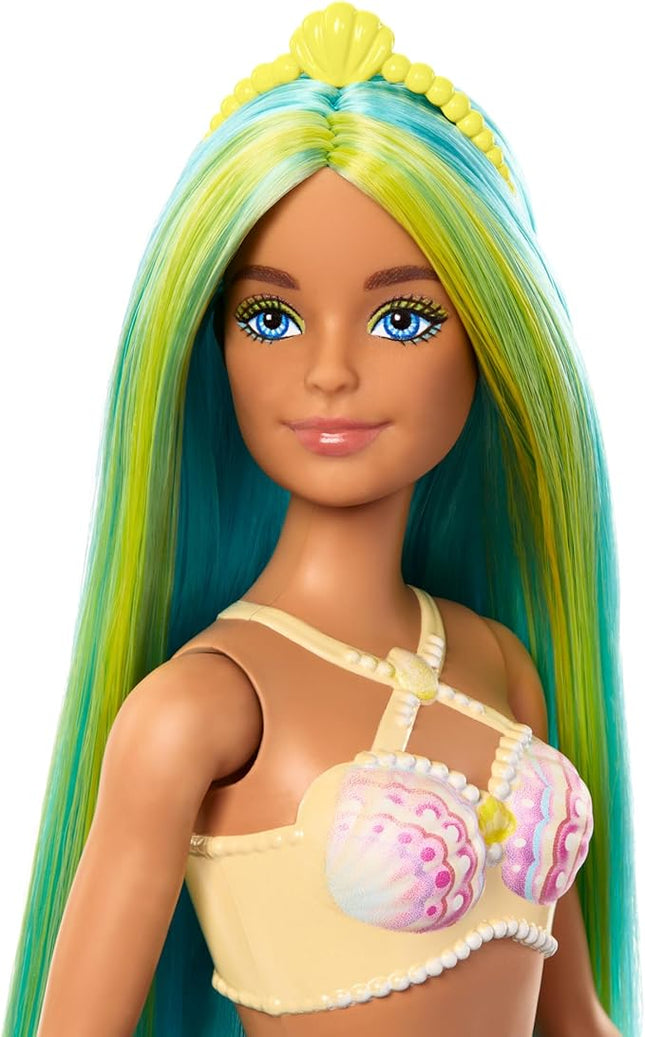 Barbie Mermaid Doll with Two-Tone Blue & Yellow Fantasy Hair & Headband Accessory, Toy with Shell Bodice & Turquoise Tail