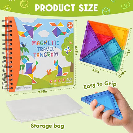 Travel Magnatiles Tangram Puzzle - 3D Building Blocks for Road & Plane Travel STEM Toy with 360 Shape Dissection Puzzles & Brain Teasers, Educational IQ Gift for Kids & Adults