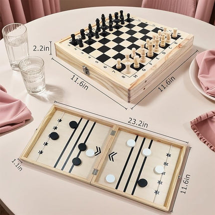 4 in 1 Wooden Fodable Fast Sling Puck Game Set – Chess, Tic Tac Toe, Checkers Board Game for Kids & Adults, Portable Tabletop Family Toy for Travel & Game Night