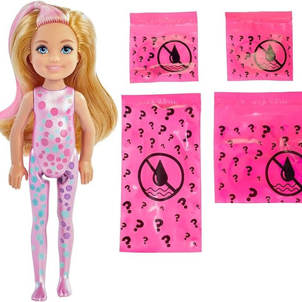Barbie Chelsea Color Reveal Doll & Accessories, 6 Surprises Include Small Doll, Clothes & Color Change on Hair (Styles May Vary)