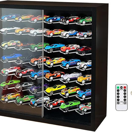 1/64 Cars Display Case with Lighted Wall Mounted Black Display Cabinet with Acrylic Shelves at 45-Degree Angle and Door Storage for 42 Hot Diecast Wheels Toy Cars