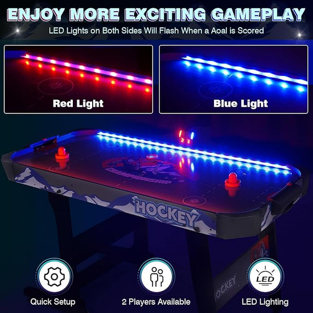 57" LED Light-Up Air Hockey Table, Foldable Arcade Style Air Hockey Game Set w/Accurate Electronic Scoring, in Line Power Switch, Powerful Motor for Kids Adults, Home Game Room