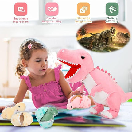 MorisMos Dinosaur Stuffed Animal with Babies,23.6'' Big Mommy Stuffed Dino T-rex with 3 Baby Dino Stuffed Toys & 3 Eggs Plush Inside Belly, Boy Girl Dinosaur Toys for Kids 3-5, Pink T-rex Toys Gift