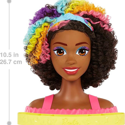 Barbie Totally Hair Styling Doll Head & 20+ Accessories, Color Reveal & Color-Change Pieces, Curly Brown Neon Rainbow Hair