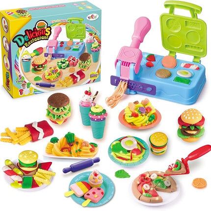 Burger Barbecue Color Dough Sets,Play Food Modeling Dough Kitchen Creations Toys,21 Play Kitchen Accessories,Color Dough Set for Kids Ages 4-8, 5 Colors, Preschool Color Dough Cooking Toy